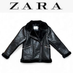 ZARA GIRLS BLACK FAUX LEATHER FUR LINED AND TRIMMED MOTO STYLE JACKET